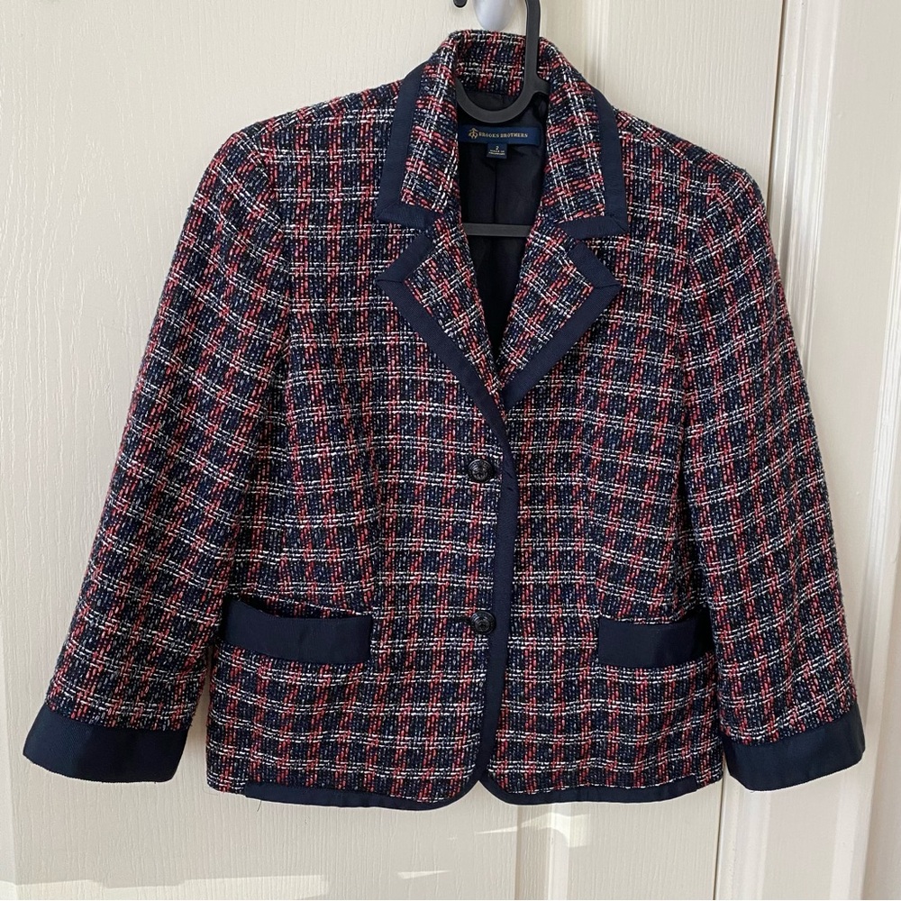 Brooks Brothers Boulce Tweed Plaid Button Down Cropped Jacket Blazer Size 2